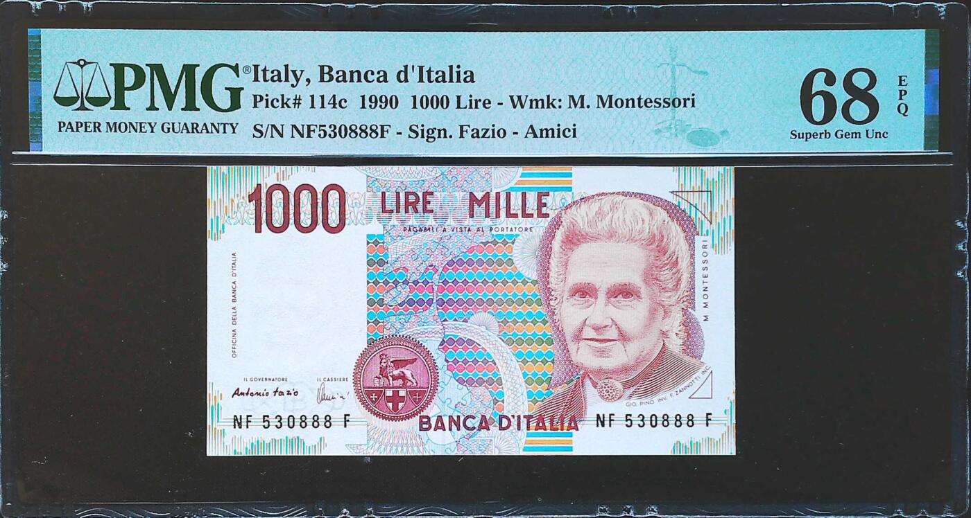 世界靓号纸钞第八十一期 1990年意大利1000里拉 全程无47 豹子号888 PMG68 超高分