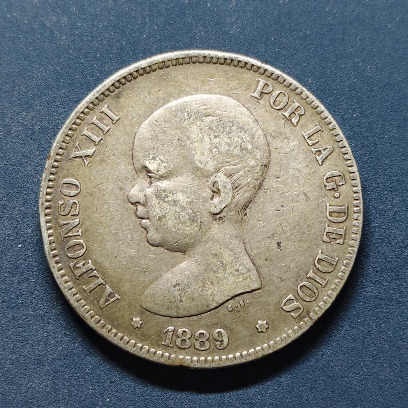 【全场包邮】纯粹捡漏拍495场-持续更新中 西班牙1889年阿方索十三世婴儿头5比塞塔银币【30.5毫米25克，纯银价约450元（按20元银价折算）】