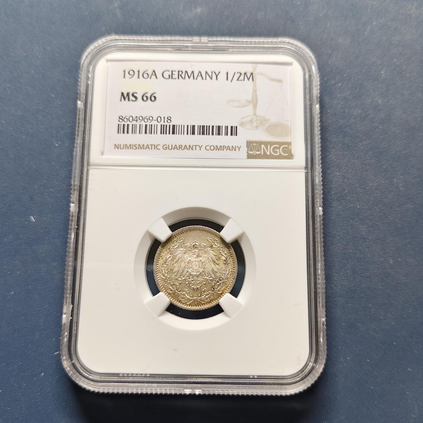 【全场包邮】纯粹捡漏拍495场-持续更新中 德国第二帝国1916年1/2马克银币（彩色包浆）-NGC MS66