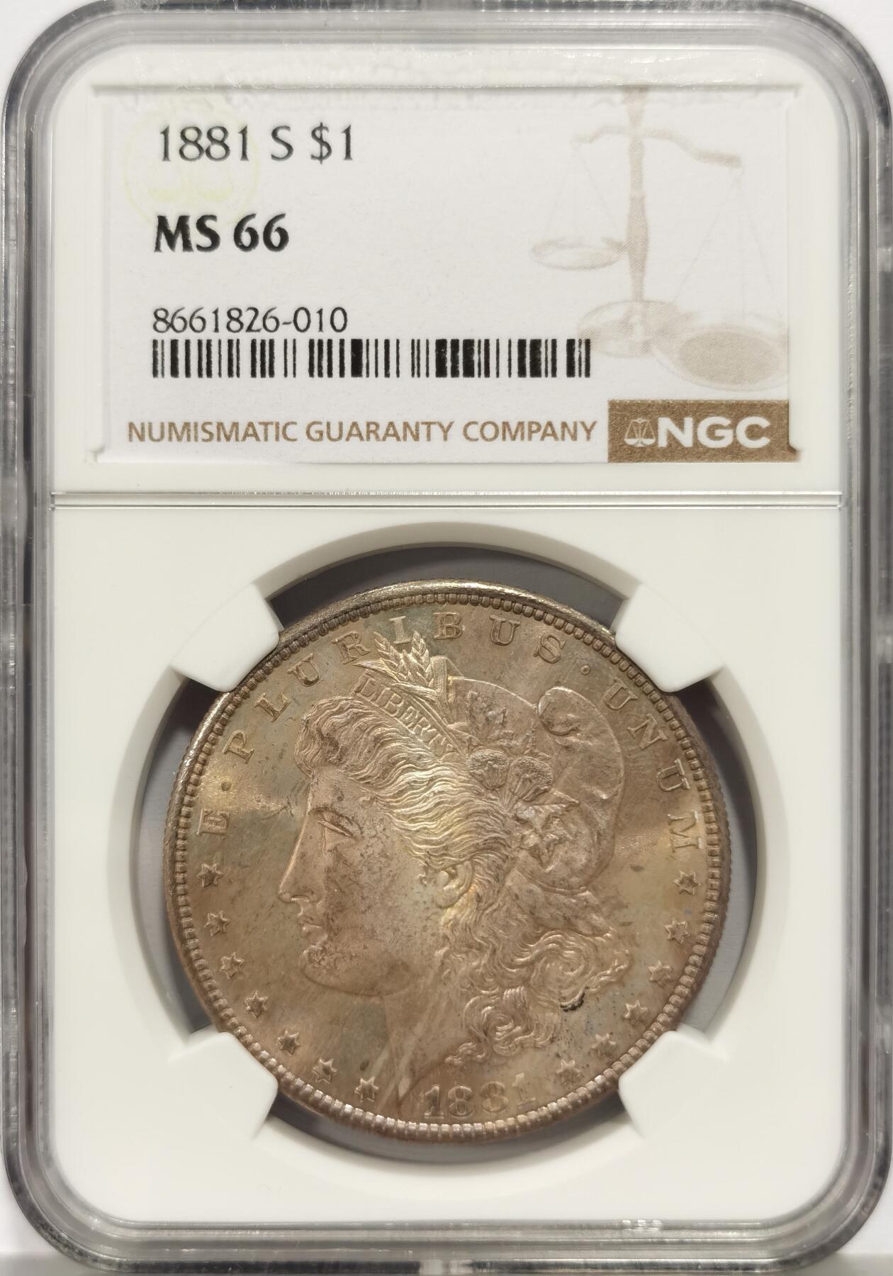 博洋堂世界钱币拍卖第157期（全场包邮） NGC MS66 美国1881 S 摩根 双面五彩包浆