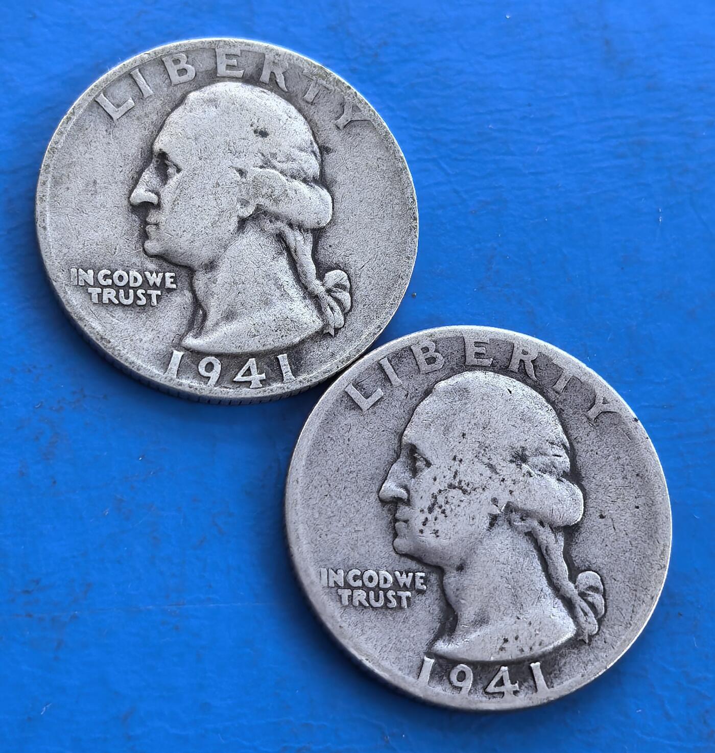 外国优质银币南亚香港苏联等专场，周六九点倒数截拍，满百包邮，持续收拍 美国1941年华盛顿 25 美分银币2枚，正面是乔治・华盛顿侧面像，轮廓历经岁月磨损仍显威严；背面为展翅雄鹰与橄榄枝，承载美国早期流通币历史，百年银质包浆沉淀复古质感，两枚同年份更具收藏价值。