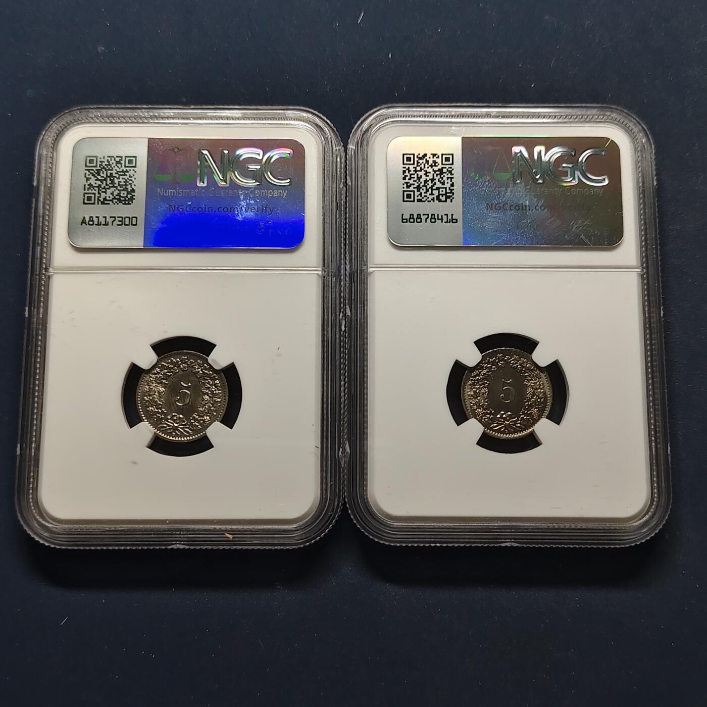 【全场包邮】纯粹捡漏拍495场-持续更新中 【收藏级】瑞士1957/1963年5分2枚-NGC MS65