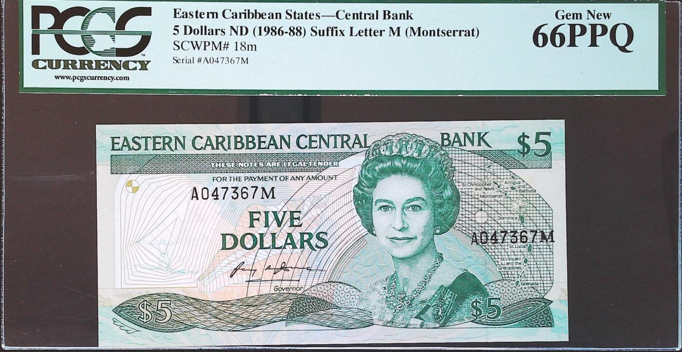 世界靓号纸钞第八十一期 1986-88年东加勒比5元 早期女王 PCGS绿标65分
