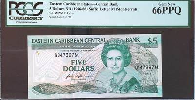 世界靓号纸钞第八十一期 - 1986-88年东加勒比5元 早期女王 PCGS绿标65分