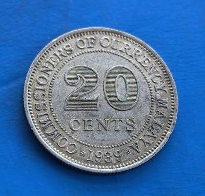 外国优质银币南亚香港苏联等专场，周六九点倒数截拍，满百包邮，持续收拍 - 英属海峡马来亚1939 年乔治六世 20 分银币，正面是国王加冕侧面像，皇冠细节精致，尽显英联邦王室风范；背面大数字 “20” 搭配年份，设计简洁规整，温润包浆沉淀着殖民时期的历史底蕴，是兼具地域特色与收藏价值的币种。