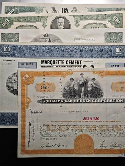 【德藏】世界币章拍卖第162期（拍品征集中~欢迎藏友联系） - 5张一组 美国纸质股票 印刷精美 其中一张粘在纸卡上尺寸约：308mm×207mm/张