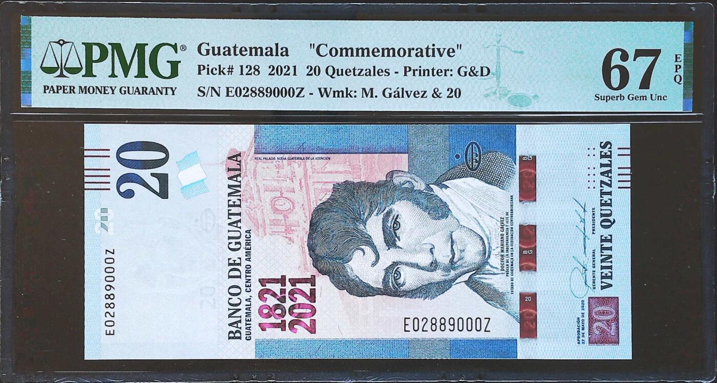 世界靓号纸钞第八十一期 2021年危地马拉20格查尔 全程无3457 豹子号000 稀少EZ补号（大部分都是EA冠）PMG67 超高分 