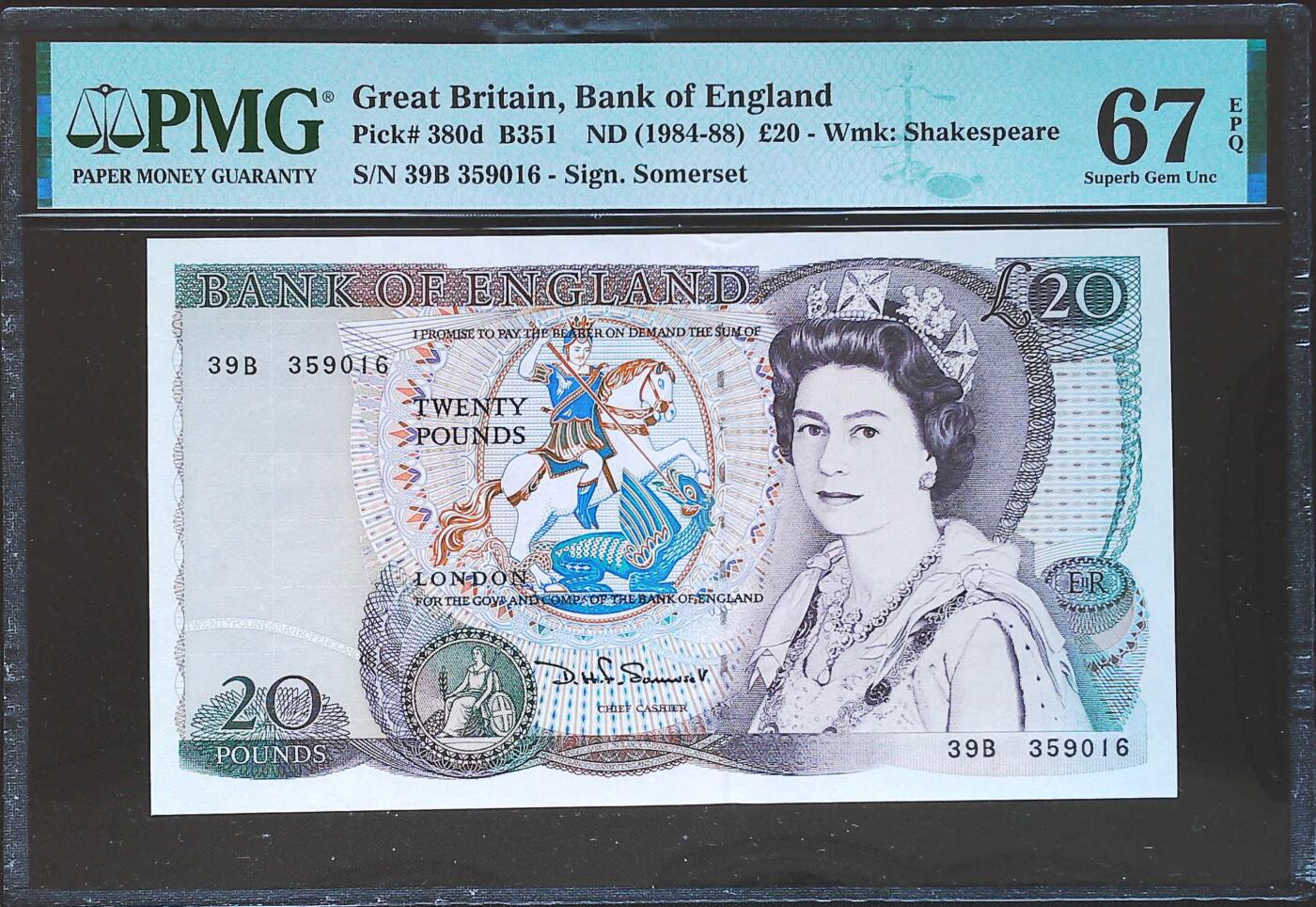 世界靓号纸钞第八十一期 1984-88年英国英格兰银行20镑 全程无47 PMG67 超高分 亚军分