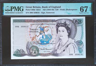 世界靓号纸钞第八十一期 - 1984-88年英国英格兰银行20镑 全程无47 PMG67 超高分 亚军分