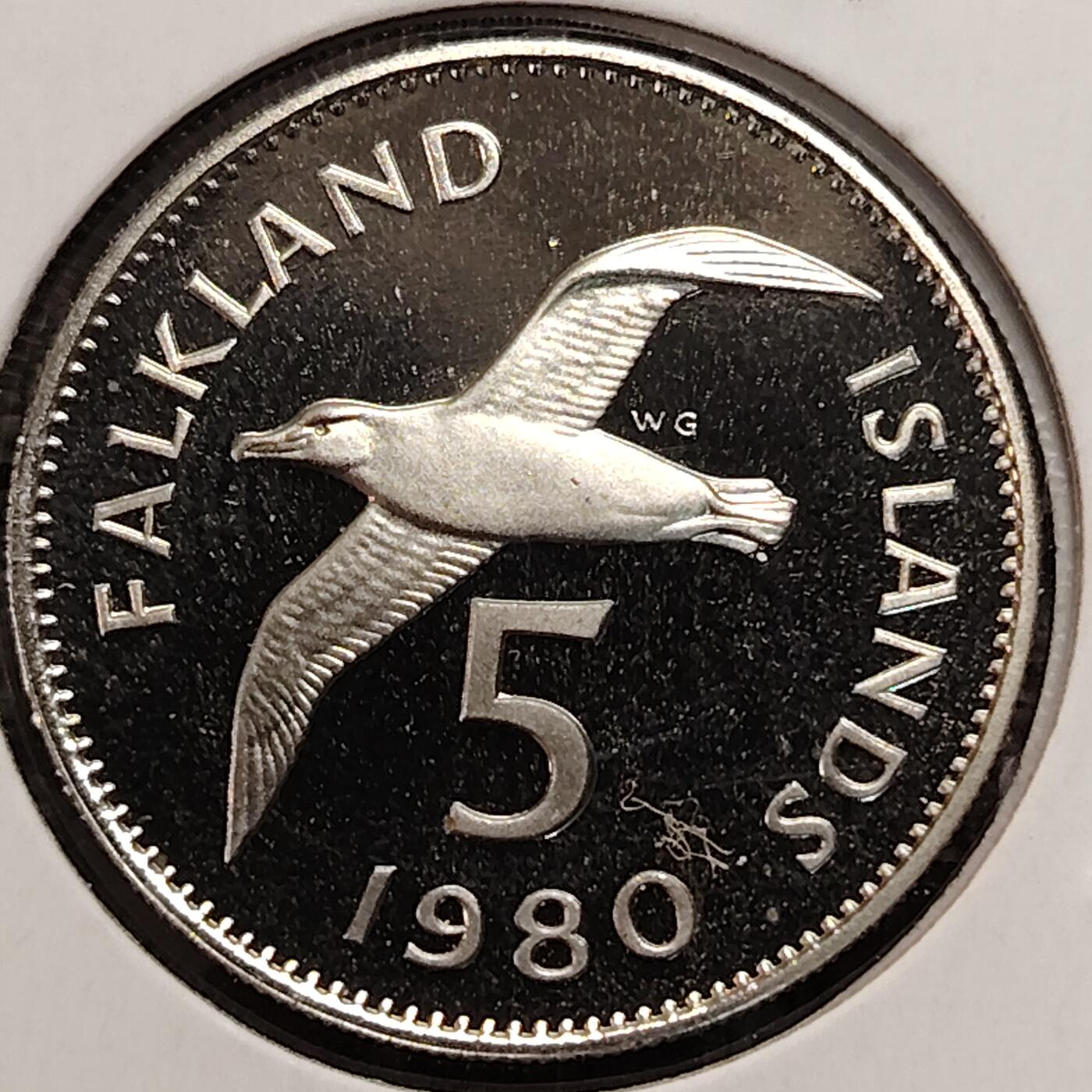 布加迪🐬～世界钱币(上海)🌾第 269 期 /  各国套币和散币 福克兰群岛🇫🇰 1980年 5便士 精致币