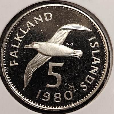 布加迪🐬～世界钱币(上海)🌾第 269 期 /  各国套币和散币 - 福克兰群岛🇫🇰 1980年 5便士 精致币