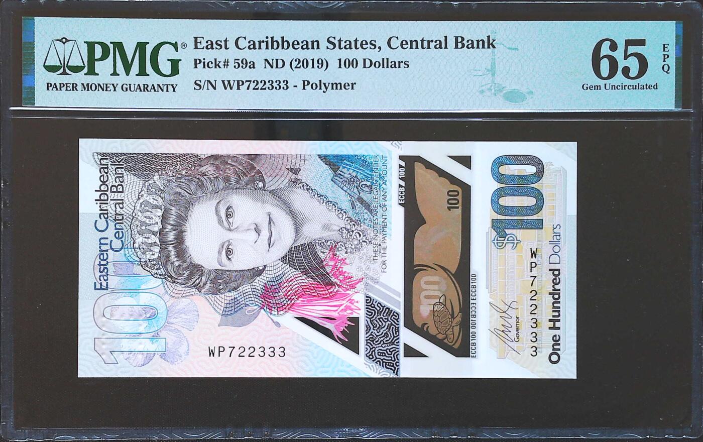 世界靓号纸钞第八十一期 2019年东加勒比100元 最大面值 全程无4 豹子号555 PMG65