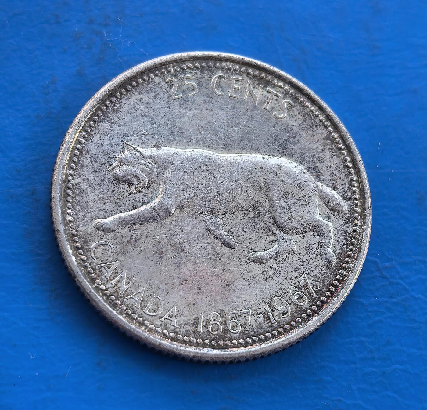 外国优质银币南亚香港苏联等专场，周六九点倒数截拍，满百包邮，持续收拍 加拿大1967 年联邦百年 25 分银币，正面是伊丽莎白二世女王的年轻侧面像，轮廓精致优雅；背面为奔跑的猞猁浮雕，纪念加拿大建国百年，银质包浆温润，兼具历史纪念与收藏价值。