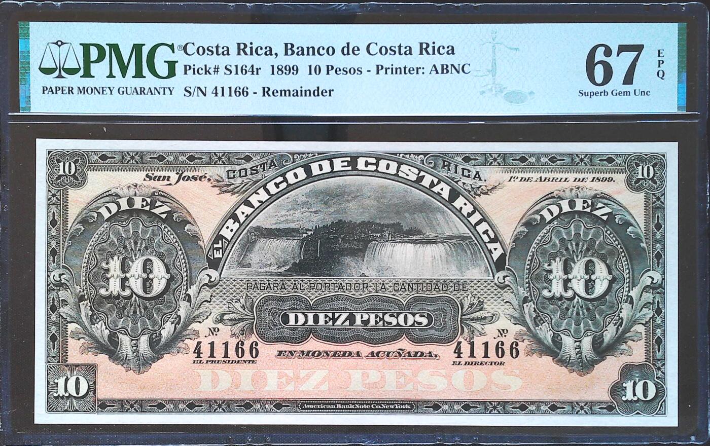 世界靓号纸钞第八十一期 1899年哥斯达黎加10比索 1166尾 超百年历史的老钞 PMG67 冠军分 非常不容易 