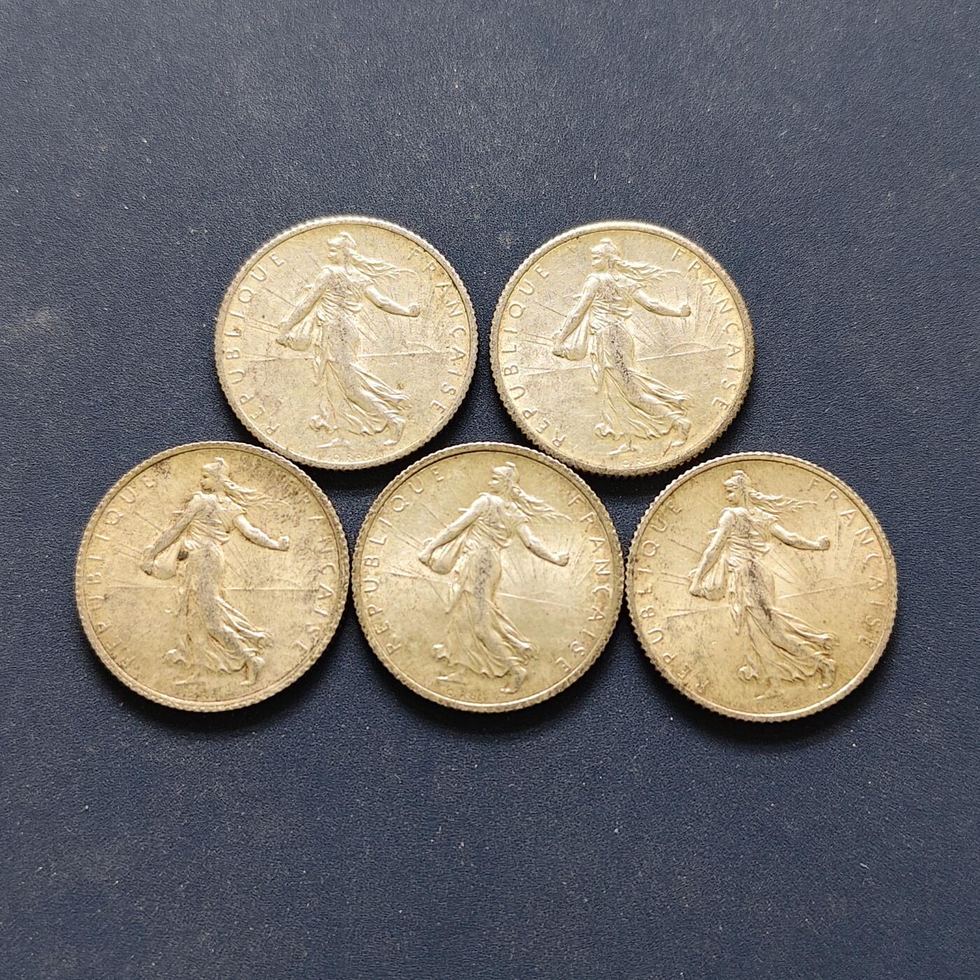 【全场包邮】纯粹捡漏拍494场 法国1915-1918年播种女神1法郎银币5枚一组【23毫米5克，纯银价约417元（按20元银价折算）】