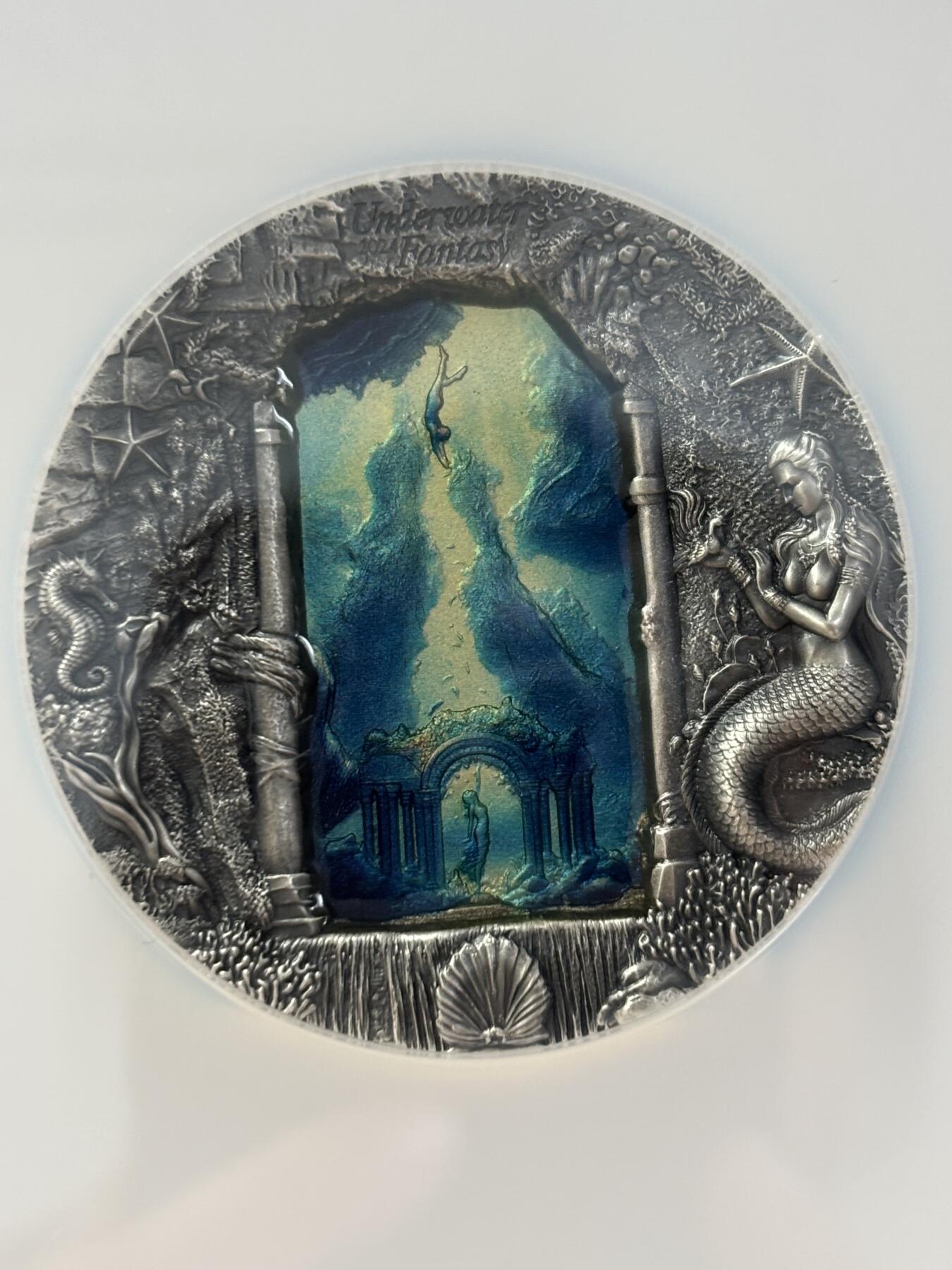 第188期拍卖 帕劳2024年水下幻想美人鱼3盎司银币NGC-MS70分首无盒证书，3盎司，发行777枚