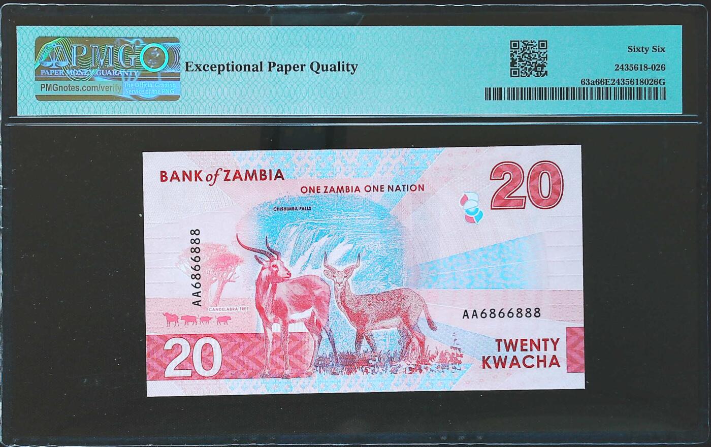 世界靓号纸钞第八十一期 2024年赞比亚20克瓦查 首发AA冠 数二 圆圆号 68组合 豹子号888 PMG66