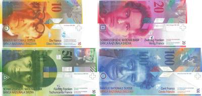 小福收藏拍卖第199期 裸钞场 本期有多张豹子号靓号 瑞士1000法郎 经典提香 毛里求斯首发年大全套 白俄罗斯5000000卢布 苏里南10000盾  爱沙尼亚  苏丹 西班牙 保加利亚 古巴等多国精美纸币 - 瑞士 1994-2014年 10 20 50 100瑞士法郎（1张无47 1张无47双尾） 1组4张 unc