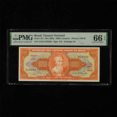 【亘邦集藏】第218期拍卖 - 1963年 巴西1000克鲁塞罗 PMG 66EPQ 1314A 073230