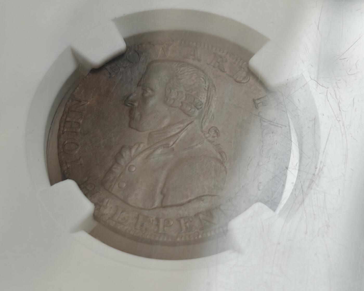 瓶子🏺第225期拍卖会  1790年英国 萨默塞特郡-巴斯 在兰开斯特支付1/2便士代币  财富女神手指监狱  稀少品种  NGC  MS62