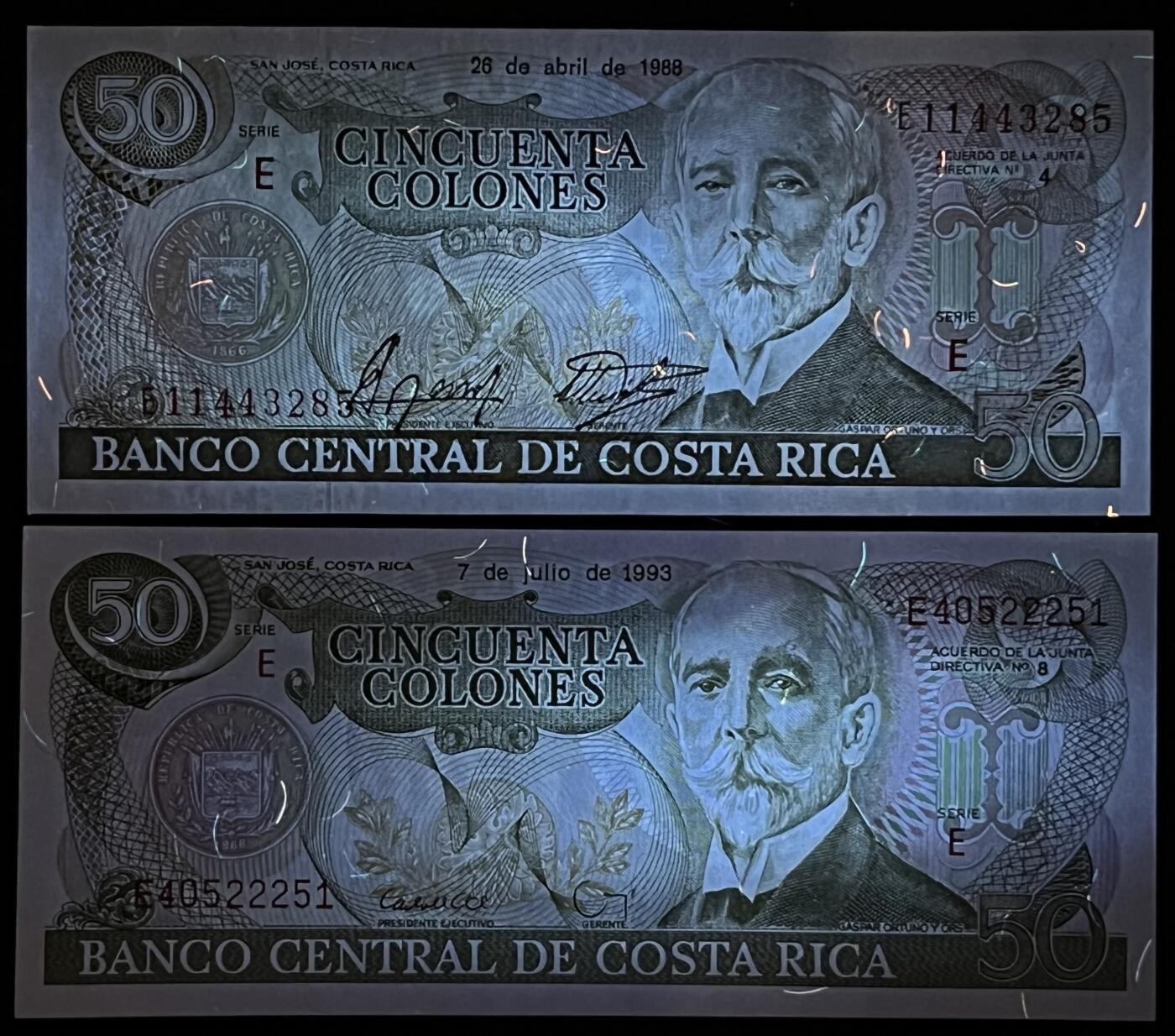 小福收藏拍卖第199期 裸钞场 本期有多张豹子号靓号 瑞士1000法郎 经典提香 毛里求斯首发年大全套 白俄罗斯5000000卢布 苏里南10000盾  爱沙尼亚  苏丹 西班牙 保加利亚 古巴等多国精美纸币 哥斯达黎加 1988年 50科朗 首版+ 1993年 50科朗 1组2张 unc