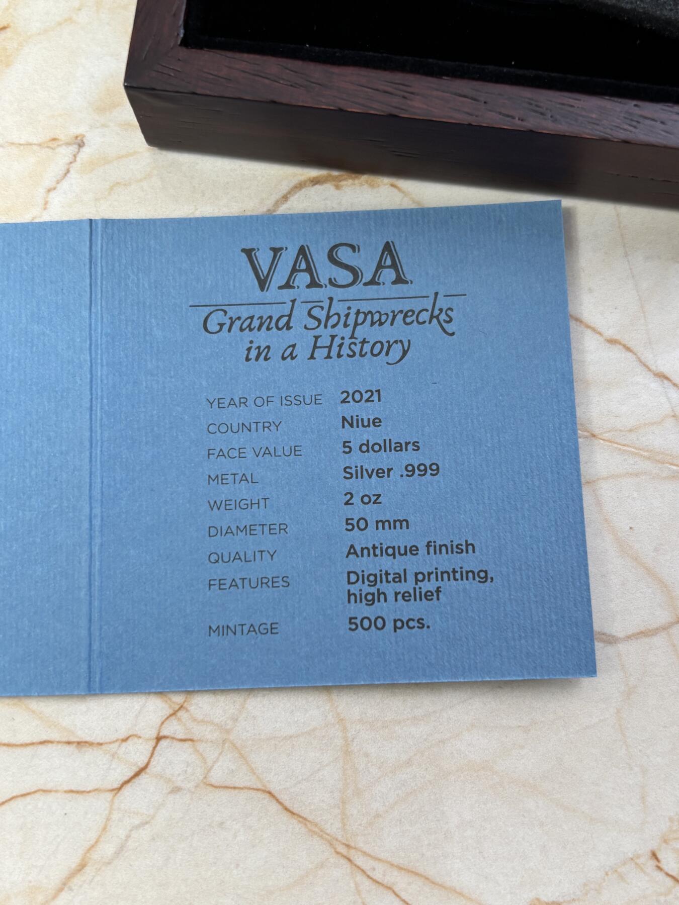 第188期拍卖 纽埃2021年沉船系列瓦萨号2盎司仿古彩色纪念银币，999银，发行500枚