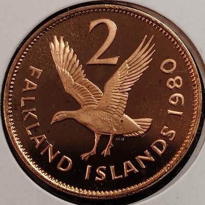 布加迪🐬～世界钱币(上海)🌾第 269 期 /  各国套币和散币 - 福克兰群岛🇫🇰 1980年 2便士 精致币