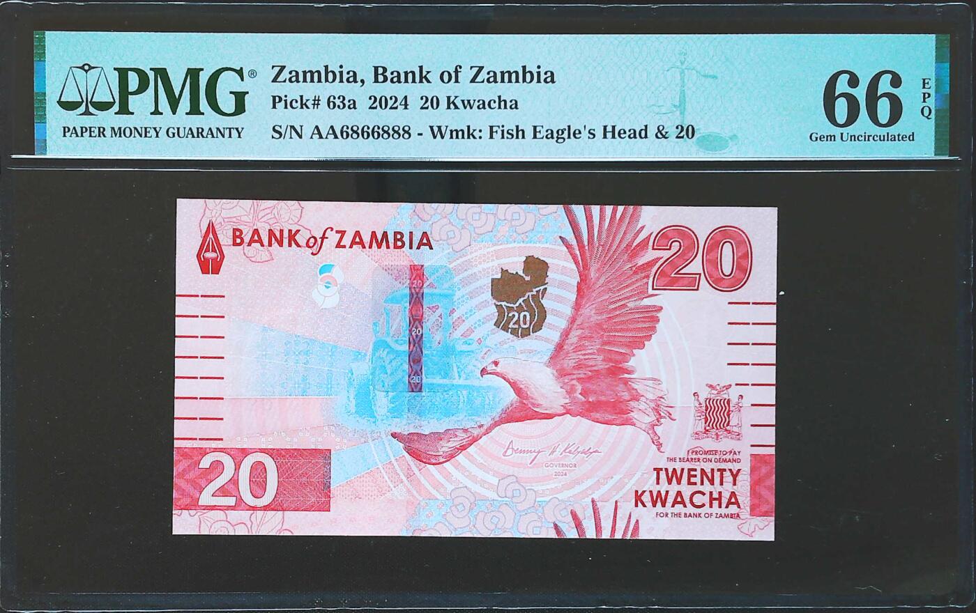 世界靓号纸钞第八十一期 2024年赞比亚20克瓦查 首发AA冠 数二 圆圆号 68组合 豹子号888 PMG66