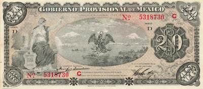 小福收藏拍卖第199期 裸钞场 本期有多张豹子号靓号 瑞士1000法郎 经典提香 毛里求斯首发年大全套 白俄罗斯5000000卢布 苏里南10000盾  爱沙尼亚  苏丹 西班牙 保加利亚 古巴等多国精美纸币 - 墨西哥 1914年 20比索 首版 unc