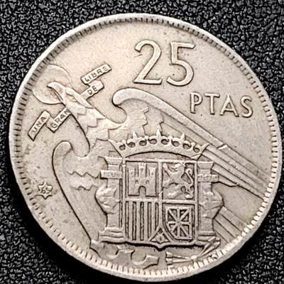 泉币菌-第170场- 精品福利场 - 西班牙25比塞塔 鹰 独裁者佛朗哥 铜镍币 26.5mm