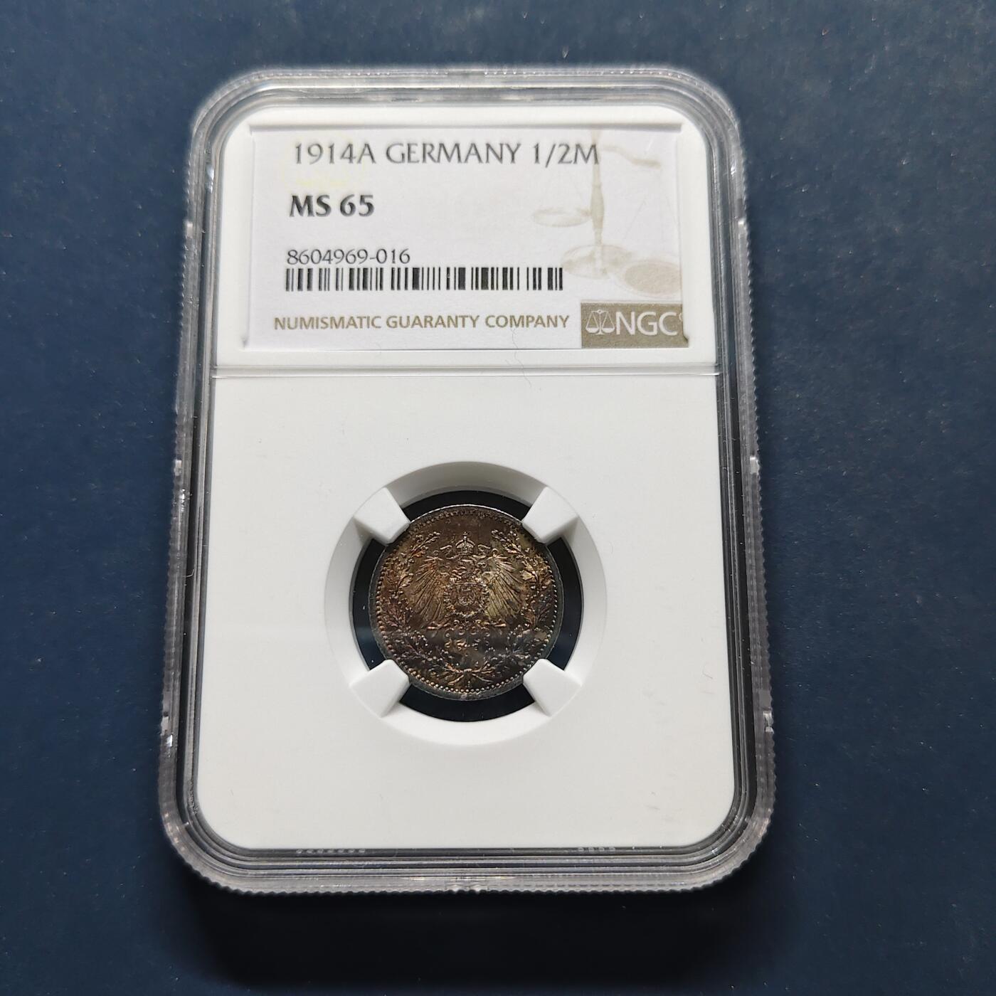 【全场包邮】纯粹捡漏拍495场-持续更新中 德国第二帝国1914年1/2马克银币（彩色包浆）-NGC MS65
