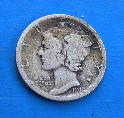 外国优质银币南亚香港苏联等专场，周六九点倒数截拍，满百包邮，持续收拍 - 美国1918年墨丘利 10 美分银币，正面是信使神墨丘利侧面像，轮廓灵动；背面 束棒环以月桂枝，设计经典，温润包浆沉淀着近百年历史痕迹，兼具美国早期钱币的纪念意义与收藏价值。