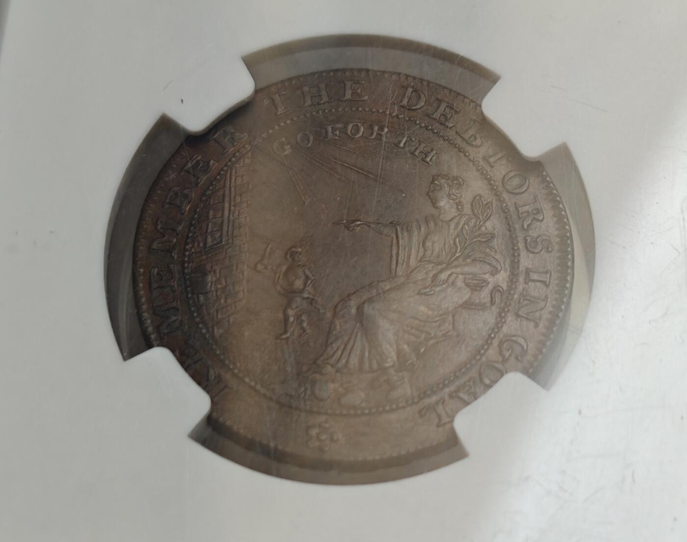 瓶子🏺第225期拍卖会  1790年英国 萨默塞特郡-巴斯 在兰开斯特支付1/2便士代币  财富女神手指监狱  稀少品种  NGC  MS62