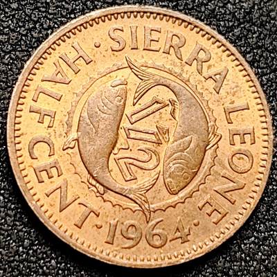 泉币菌-第170场- 精品福利场 - 原铜光极美 双鱼 1964年塞拉利昂1/2分半分青铜硬币 20.3毫米 2.85克