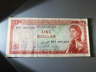 咖啡豆•收藏 2026年Jan_21th世界各国纸币拍卖 - 东加勒比 1965年 1元 全新UNC 外国纸币 女王钞