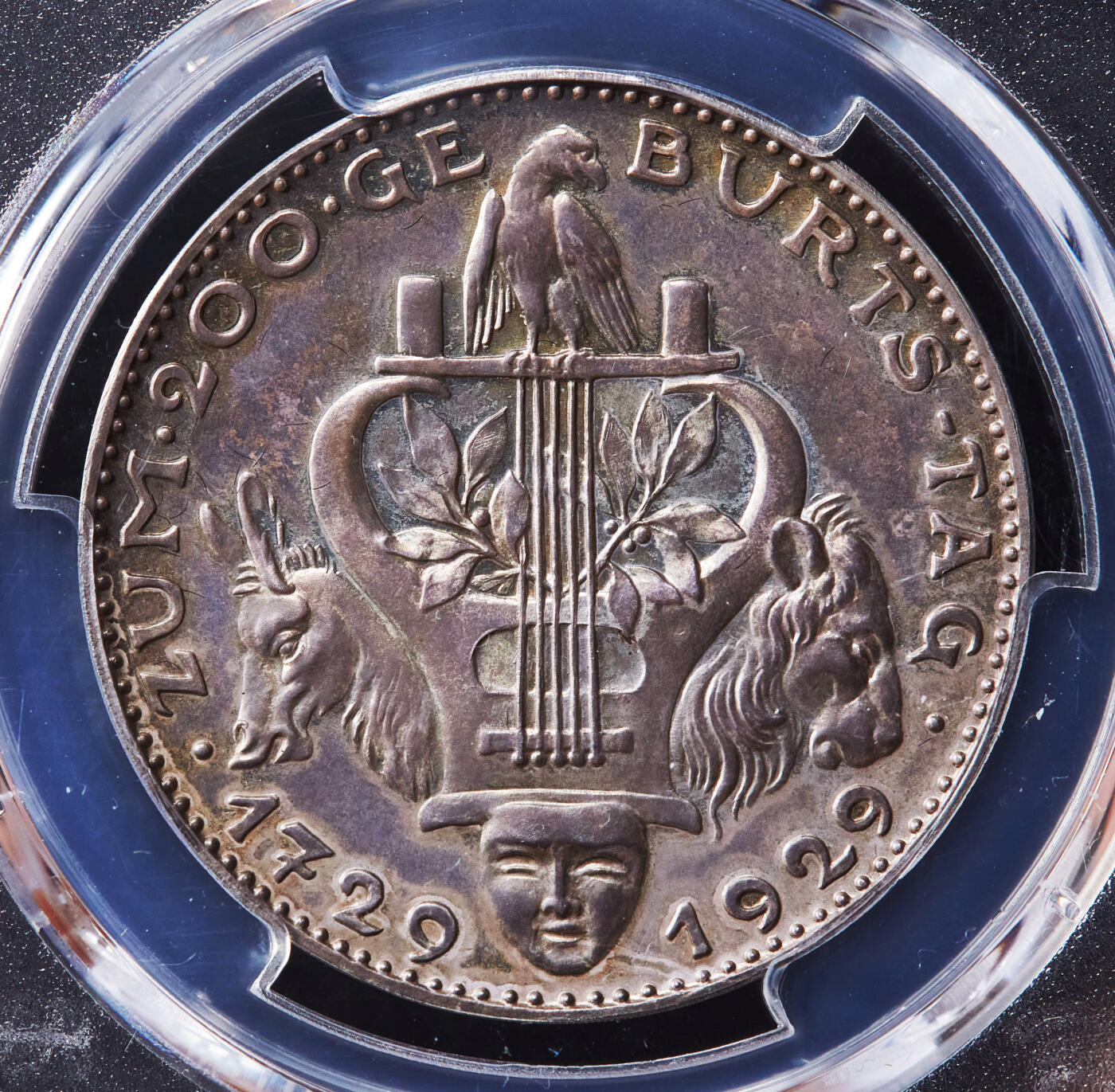 【俄甄集藏】“万象更新、马呈祥瑞”迎新春俄甄精品场-2026年(047)01-21 星期三 晚 19:30 全场包邮 德国魏玛1929年纪念作家莱辛诞辰200周年银章，PCGS SP63，黄油五彩老包浆，卡尔·哥茨作品，类精制底板，名誉品种