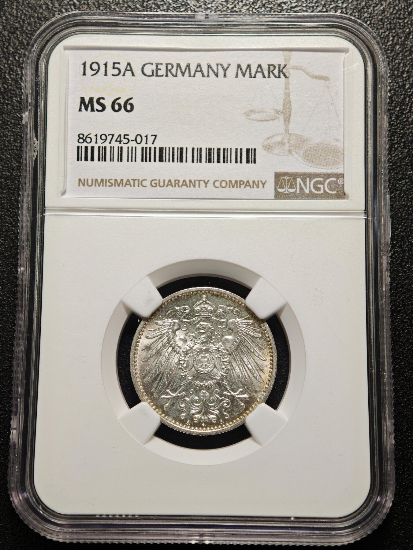 【德藏】世界币章拍卖第162期（拍品征集中~欢迎藏友联系） 1915年 德国1马克银币 NGC MS66 环形黄油包浆 原光犀利