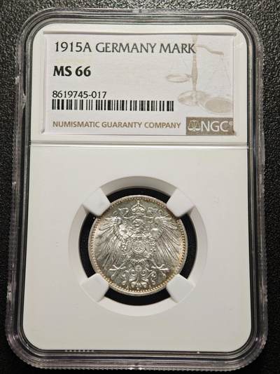 【德藏】世界币章拍卖第162期（拍品征集中~欢迎藏友联系） - 1915年 德国1马克银币 NGC MS66 环形黄油包浆 原光犀利
