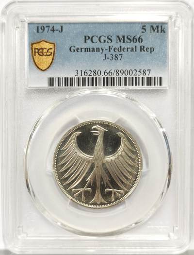 博洋堂世界钱币拍卖第157期（全场包邮） - PCGS MS66 德意志联邦1974年5马克银币，西德最后发行的5马克银币兼具“贵金属币”与“历史节点”双属性