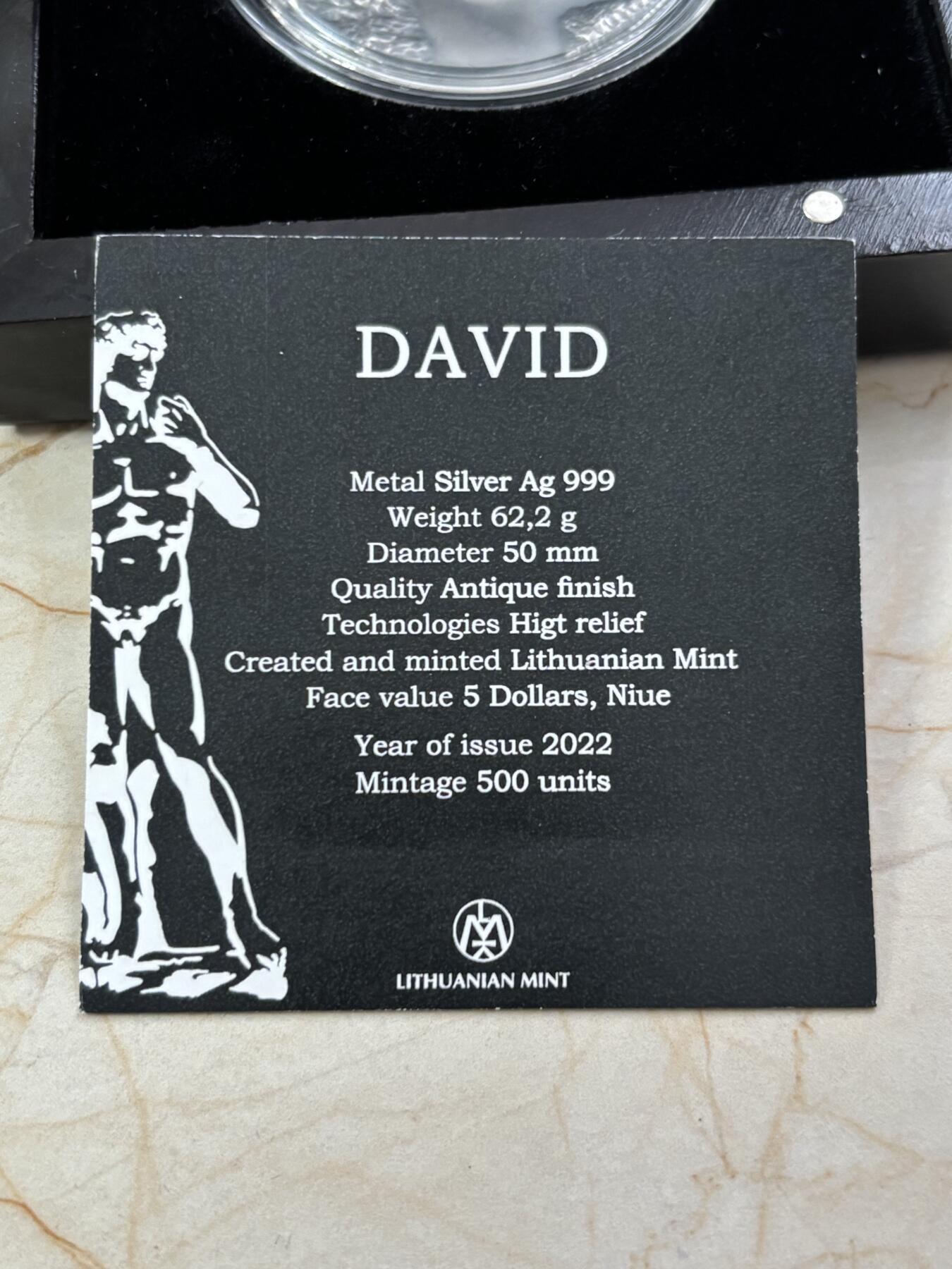 第188期拍卖 纽埃2022年雕塑系列1大卫2盎司高浮雕仿古纪念银币，999银，发行500枚