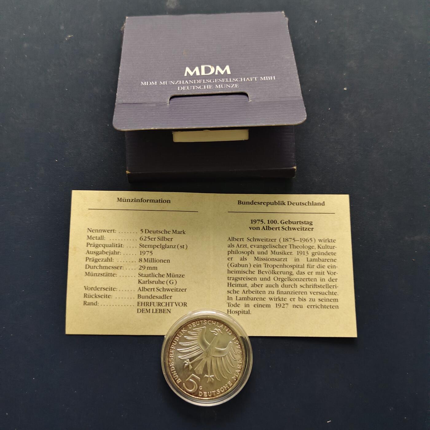 【全场包邮】纯粹捡漏拍494场 德国联邦德国1975年5马克神学家阿尔伯特·施韦策诞生百年纪念银币-带证书【29毫米11.2克，纯银价约140元（按20元银价折算）】
