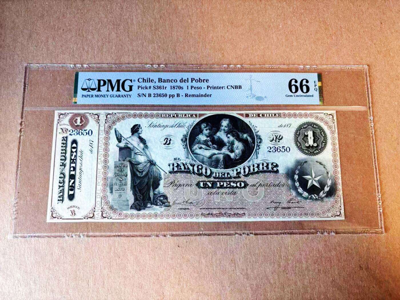 【Blue Auction】世界纸币精拍第776期——18级TOP拍卖/信誉/品质/专业/高效💫   【唯一冠军分 带签名无47 罕见高分】智利 1870年代1比索 PMG66EPQ 这张带原始边铭显得票幅特别巨大 背绿纹饰美观 自由女神及三个正在阅读的小孩雕刻细腻 值得收藏