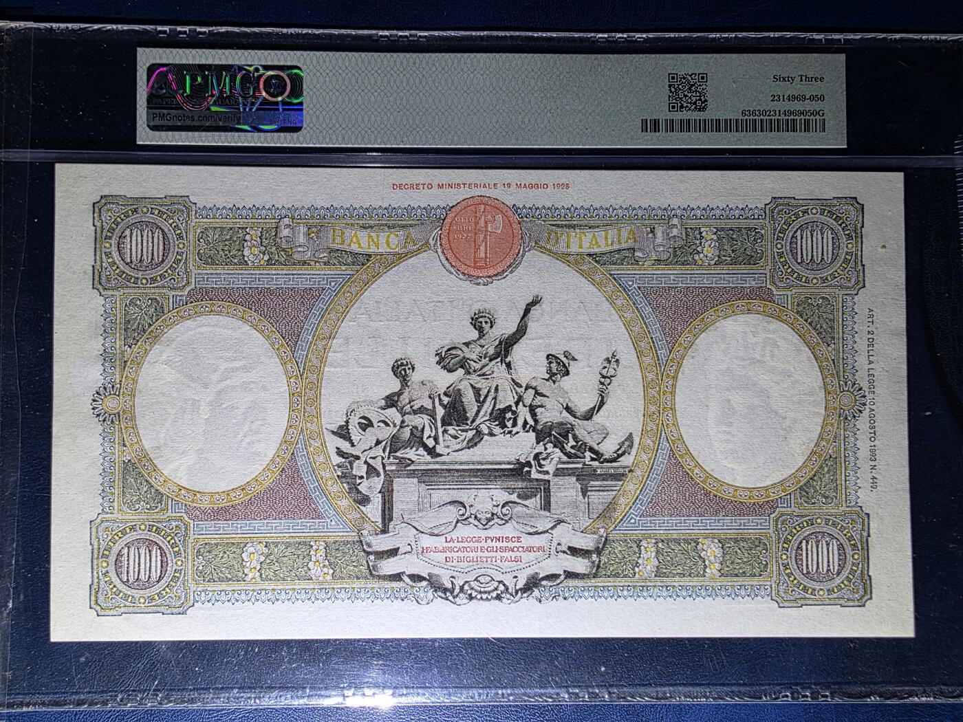 叁拾收藏第34期 意大利1943年1000里拉  少见厂名版本  PMG63  高分