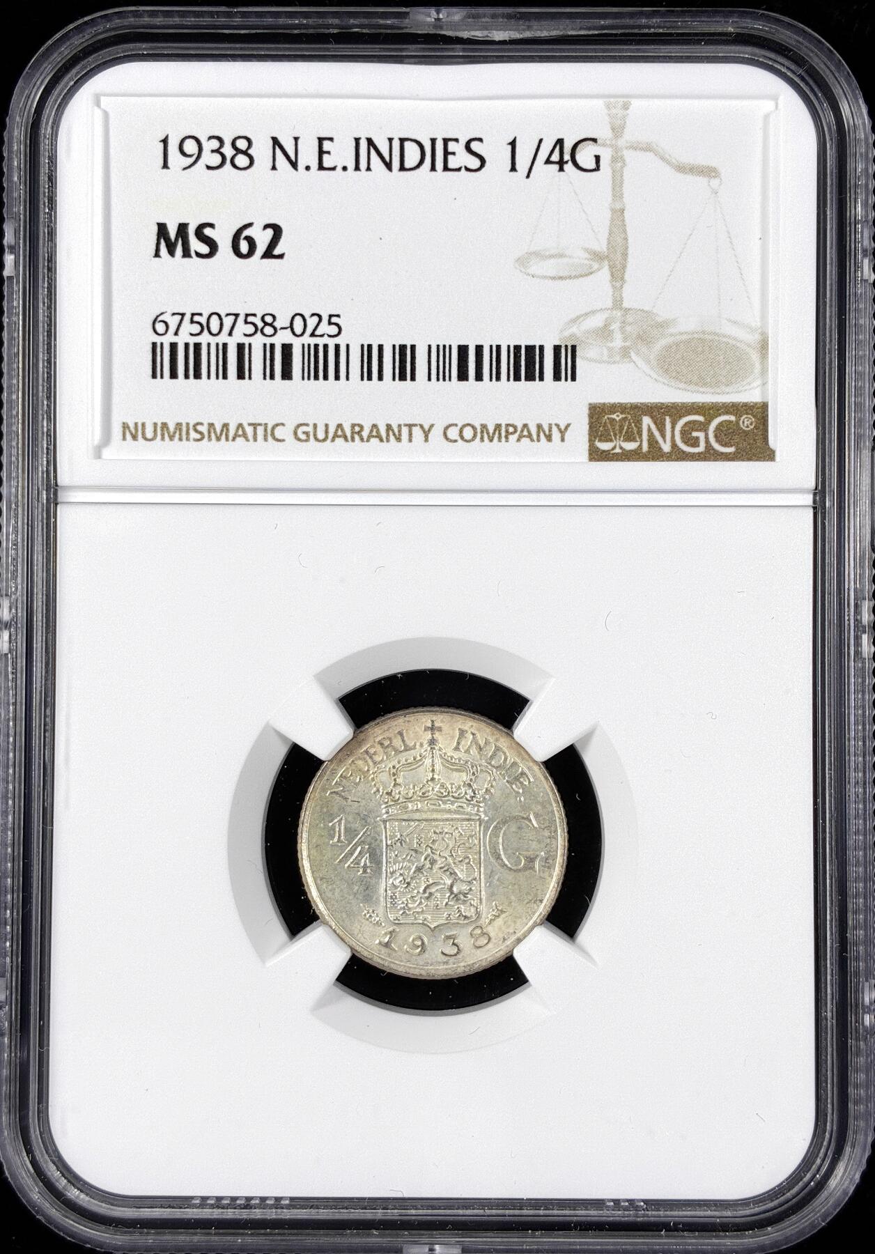 【雨安】【直播拍卖】【第0124期-评级币章】2026-01-17 周六 19:30 [评级亚洲] Netherlands East Indies 荷属东印度 1/4盾 1938年  NGC-MS62