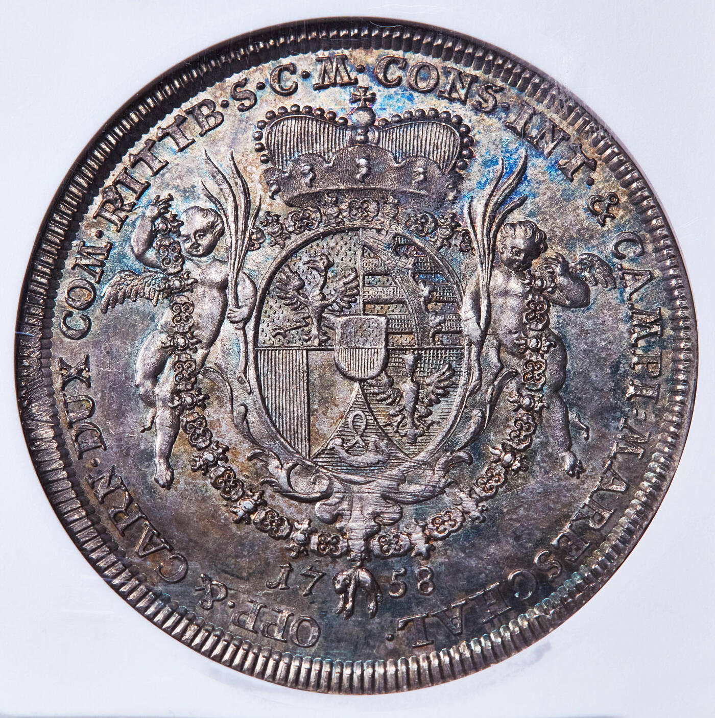 【俄甄集藏】“万象更新、马呈祥瑞”迎新春俄甄精品场-2026年(047)01-21 星期三 晚 19:30 全场包邮 神圣罗马帝国-列支敦士登大公国1758年约瑟夫·文策尔一世天使盾徽1泰勒大银币，NGC MS62，稀有品种，发行量700枚，五彩包浆，原光品相，底板凝霜，季军