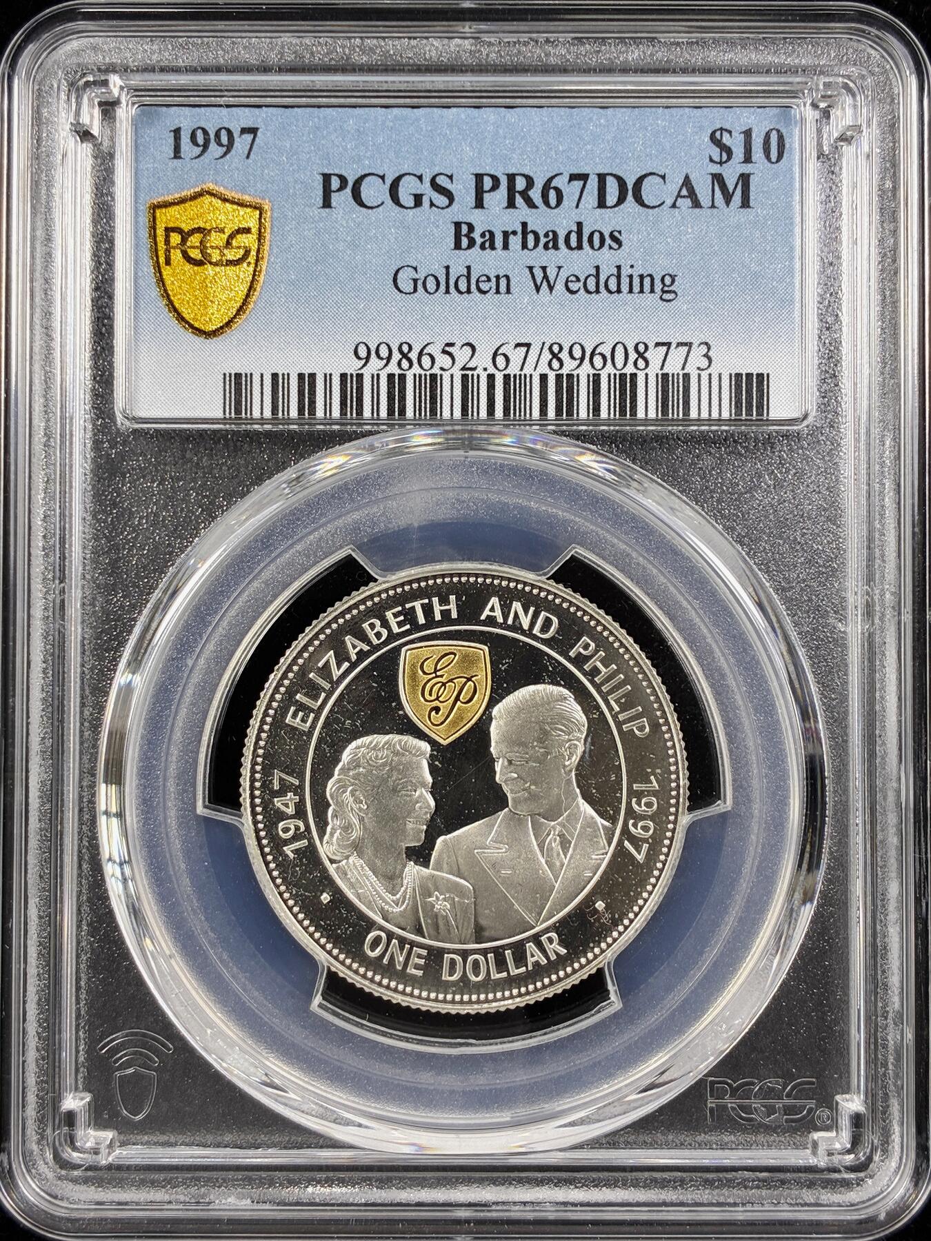 【雨安】【直播拍卖】【第0124期-评级币章】2026-01-17 周六 19:30 [评级现代] Barbados 巴巴多斯 10元 1997年 金婚 PCGS-PR67DCAM 精制币