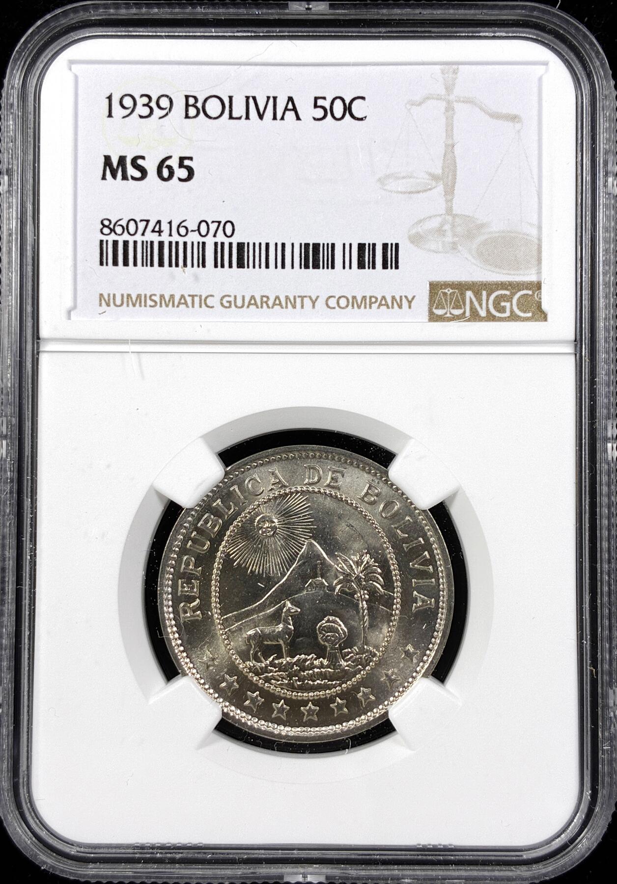 【雨安】【直播拍卖】【第0124期-评级币章】2026-01-17 周六 19:30 [评级美洲] Bolivia 玻利维亚 50分 1939年  NGC-MS65