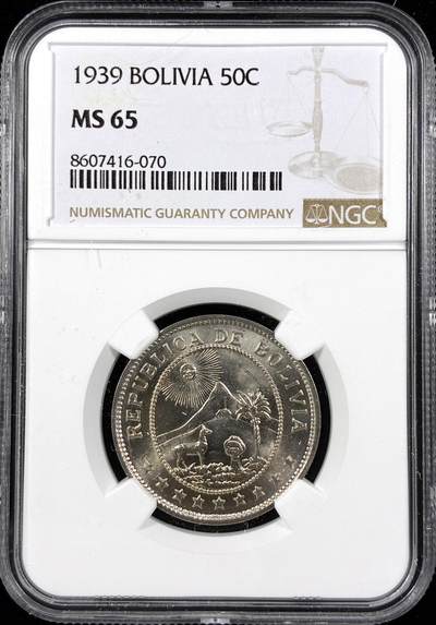 【雨安】【直播拍卖】【第0124期-评级币章】2026-01-17 周六 19:30 - [评级美洲] Bolivia 玻利维亚 50分 1939年  NGC-MS65