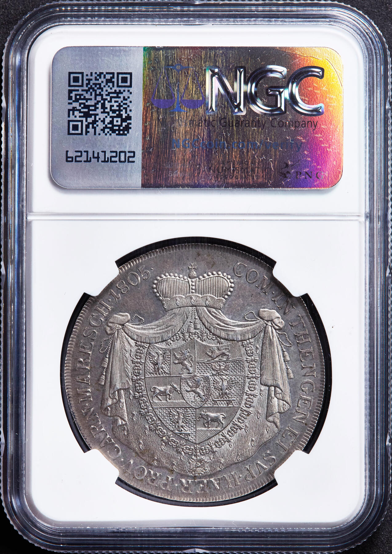 【俄甄集藏】“万象更新、马呈祥瑞”迎新春俄甄精品场-2026年(047)01-21 星期三 晚 19:30 全场包邮 神圣罗马帝国-奥地利1805年威廉一世·冯·奥尔斯佩格伯爵家族纹章1泰勒纪念大银币，NGC MS62，独年版，紫罗兰酱彩老包浆，底板凝霜，稀有品种，季军