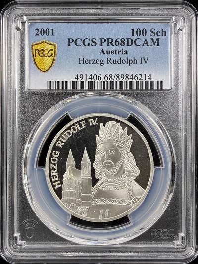 【雨安】【直播拍卖】【第0124期-评级币章】2026-01-17 周六 19:30 - [评级现代] Austria 奥地利 100先令 2001年 鲁道夫四世 PCGS-PR68DCAM 精制币